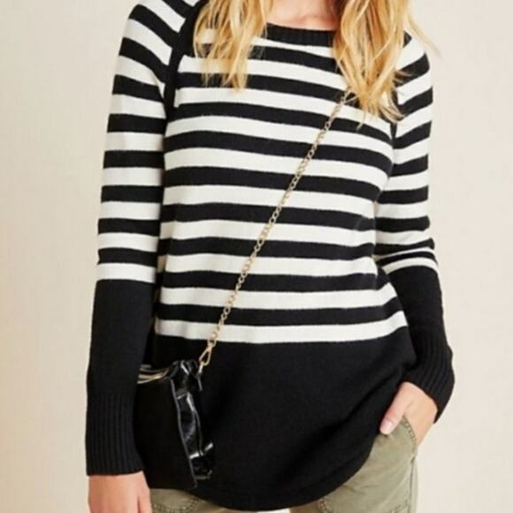 Anthropologie Rebekah Sz M Black White Striped Raglan Sleeve Knit Tunic Sweater - Picture 5 of 10